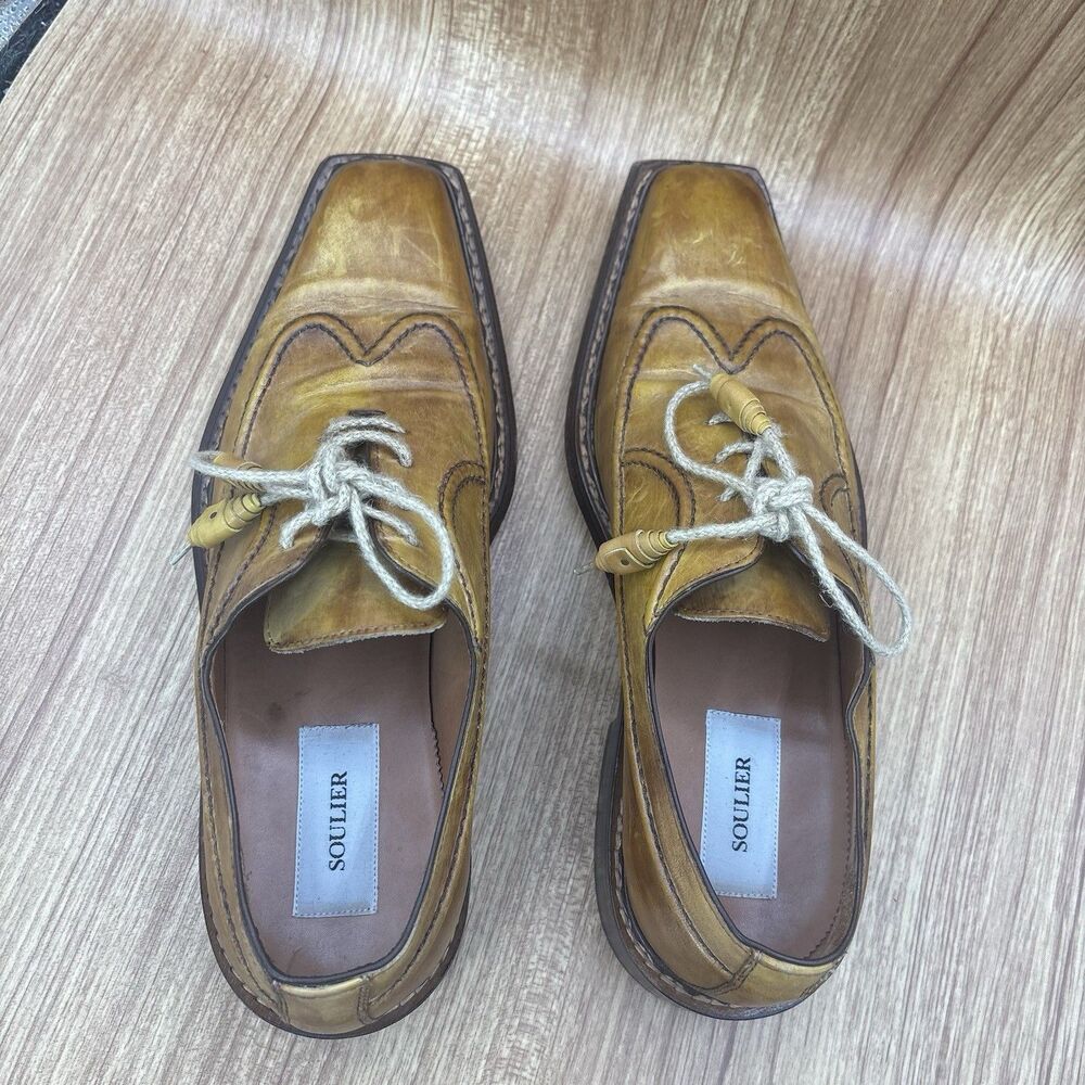 Soulier Men’s Dress Oxford Square Toe Leather Yellow Brown Italy EU 43 / Mens 10 - Picture 9 of 11